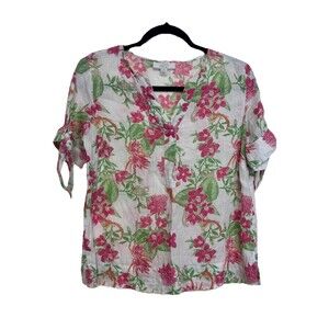 Charter Club Luxury Linen Floral Top Blouse Tie Sleeve V Neck Cottagecore XS